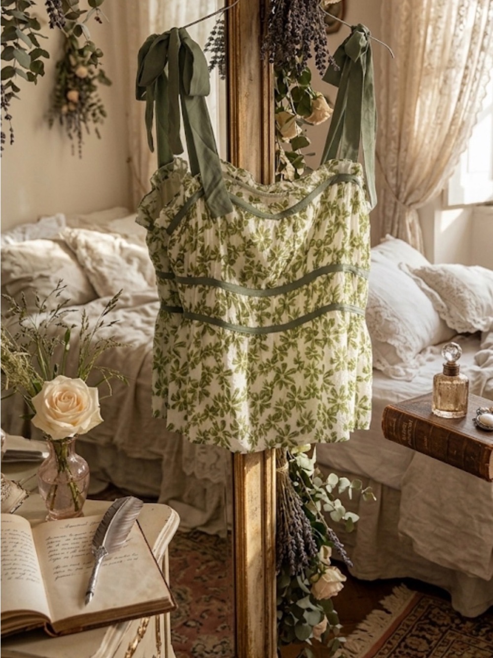 Together White Cotton Tank with Green Floral Print and Sage Tie Straps